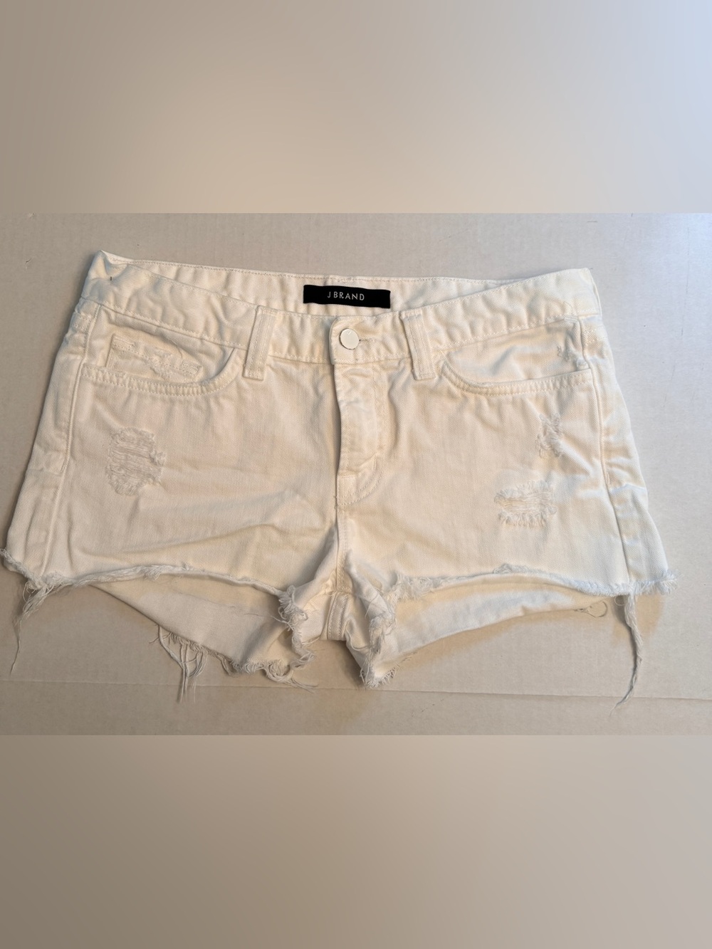 J BRAND Size 27 Cut Off Low Rise Denim Jean Shorts Vixen White Distressed